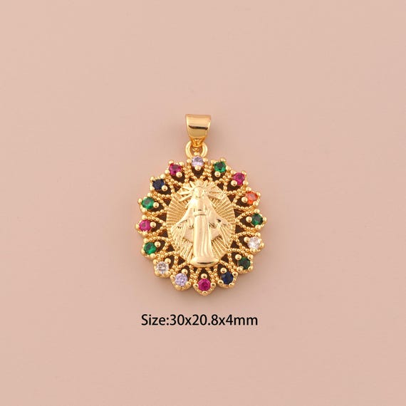 18K Gold Virgin Mary Charms,CZ Pave Religious Charms Pendants,Catholic Charm for DIY Jewelry Making Supply