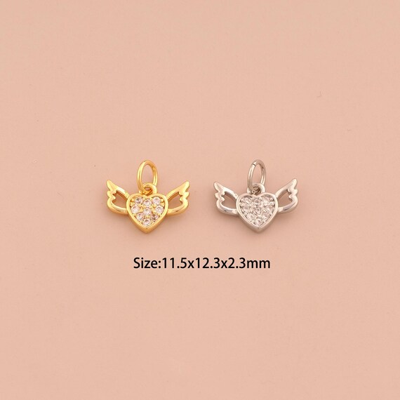 18K Gold Heart Charms,CZ Pave Love Charms Pendants,Angel Wings Charm for DIY Jewelry Making Supply