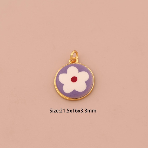 18K Gold Flower Charms,Enamel Round Charms Pendants,Flower Charm for DIY Jewelry Making Supply