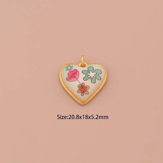 18K Gold Heart Charms,Enamel Love Charms Pendants,Flower Charm for DIY Jewelry Making Supply