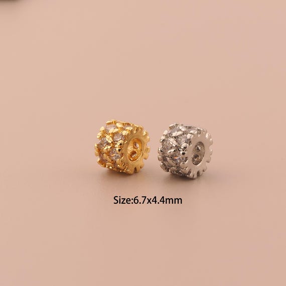18K Gold Tube Spacer Bead,CZ Pave Minimalist Bead,Large Hole Bead for DIY Jewelry Making Supply