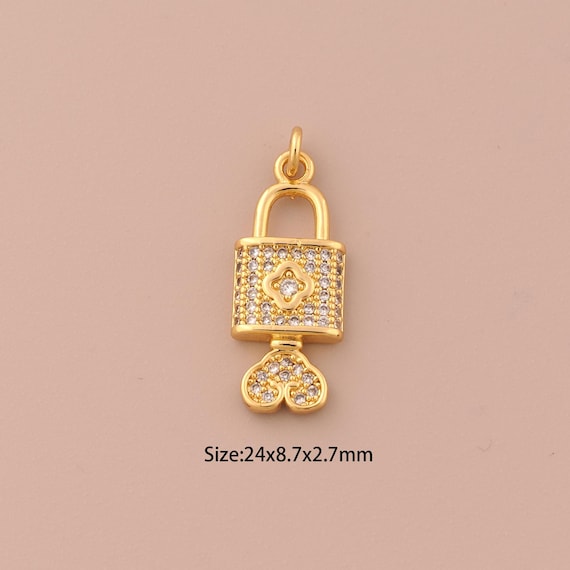 18K Gold Key Charms,CZ Pave Lock Charms Pendants,Lock Charm for DIY Jewelry Making Supply