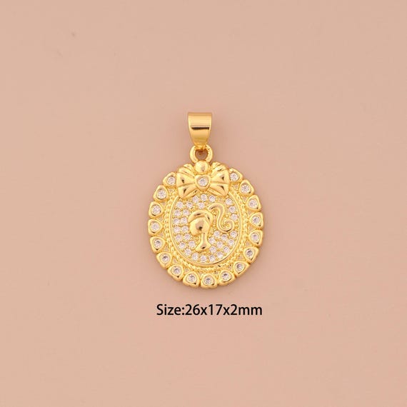18K Gold Bow Charms,CZ Pave Girl Charms Pendants,Round Charm for DIY Jewelry Making Supply