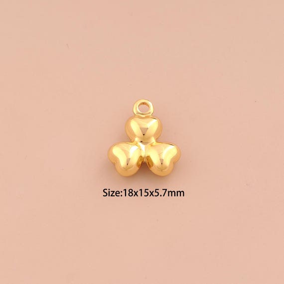 18K Gold Puffed Lucky Grass Charms,Heart Charms Pendants,Flower Charm for DIY Jewelry Making Supply