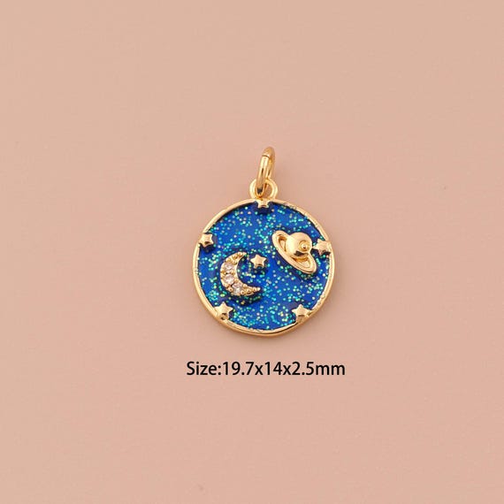 18K Gold Saturn Charms,CZ Pave Minimalist Charms Pendants,Enamel Moon Charm for DIY Jewelry Making Supply