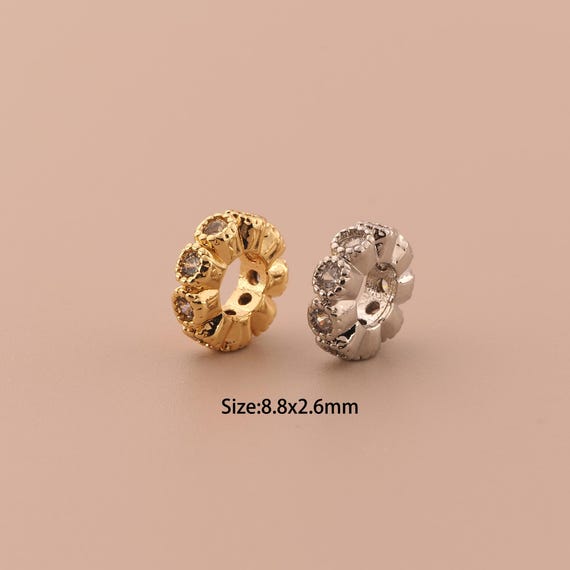 18K Gold Flat Spacer Bead,CZ Pave Minimalist Bead,Round Bead for DIY Jewelry Making Supply