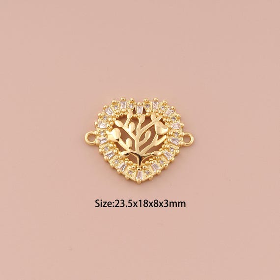 18K Gold Heart Connector,CZ Pave Minimalist Connector Charms,Tree of Life Connector for DIY Jewelry Making Supply