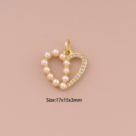18K Gold Heart Charms,CZ Pave Minimalist Charms Pendants,Pearl Heart Charm for DIY Jewelry Making Supply