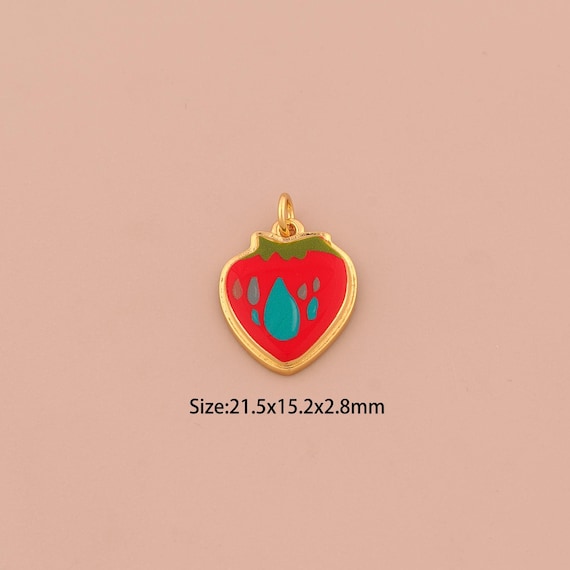 18K Gold Strawberry Charms,Enamel Fruit Charms Pendants,Water Drop Charm for DIY Jewelry Making Supply