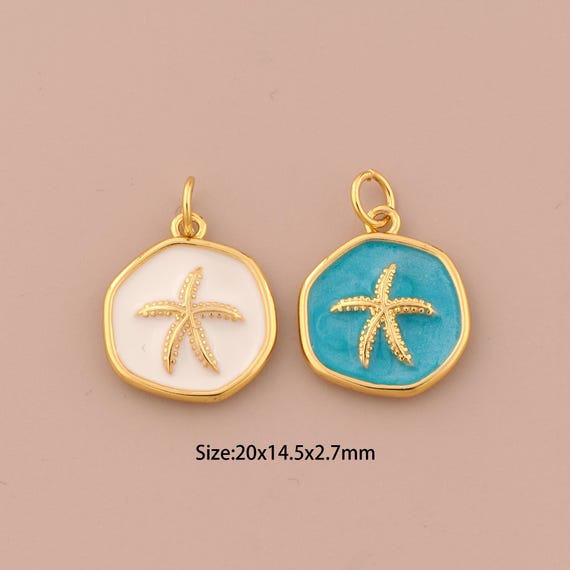 18K Gold Starfish Charms,Enamel Round Charms Pendants,Starfish Charm for DIY Jewelry Making Supply