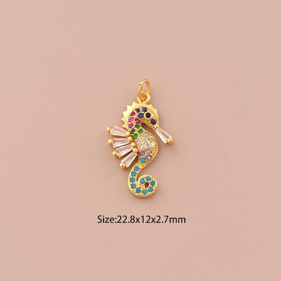 18K Gold Seahorse Charms,CZ Pave Marine Life Charms Pendants,Seahorse Charm for DIY Jewelry Making Supply