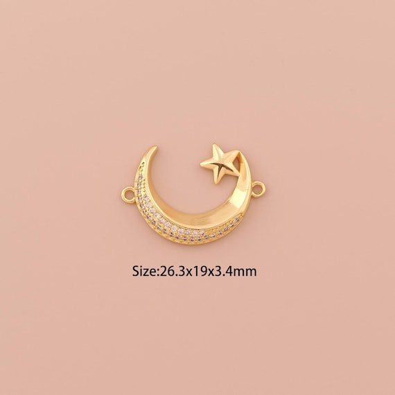 18K Gold Moon Connector,CZ Pave Minimalist Connector Charms,Star Connector for DIY Jewelry Making Supply