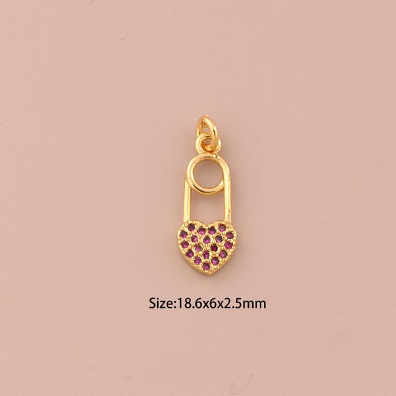 18K Gold Heart Charms,CZ Pave Lock Charms Pendants,Heart Charm for DIY Jewelry Making Supply
