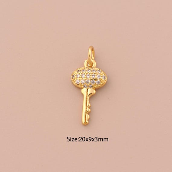 18K Gold Mini Key Charms,CZ Pave Minimalist Charms Pendants,Key Charm for DIY Jewelry Making Supply