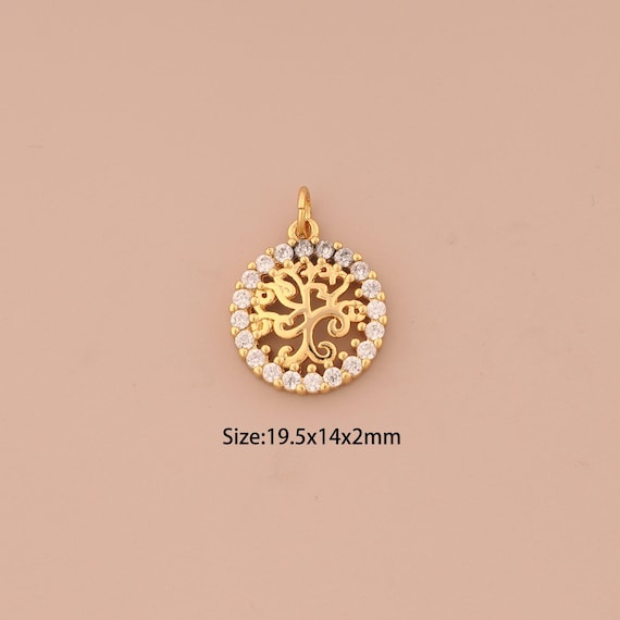 18K Gold Tree of Life Charms,CZ Pave Round Charms Pendants,Tree Charm for DIY Jewelry Making Supply
