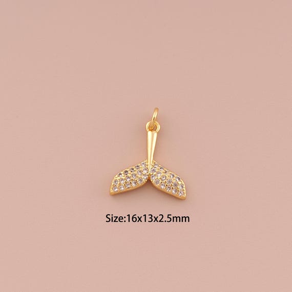 18K Gold Fishtail Charms,CZ Pave Minimalist Charms Pendants,Fishtail Charm for DIY Jewelry Making Supply