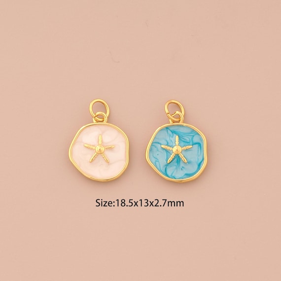 18K Gold Starfish Charms,Enamel Medal Charms Pendants,Round Charm for DIY Jewelry Making Supply