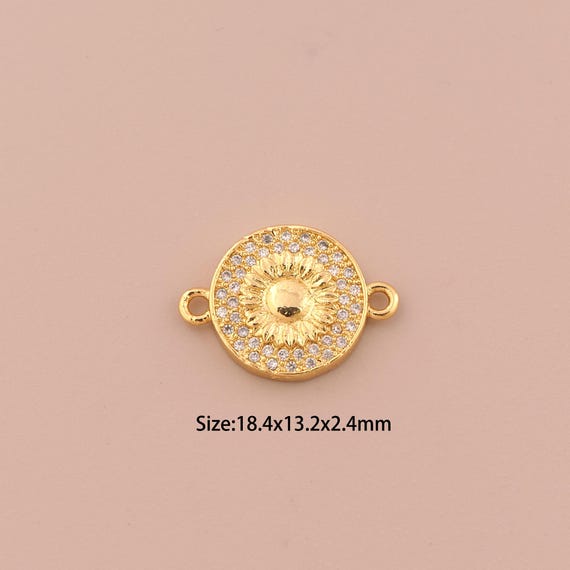 18K Gold Sunflower Connector,CZ Pave Round Connector Charms,Sunflower Connector for DIY Jewelry Making Supply