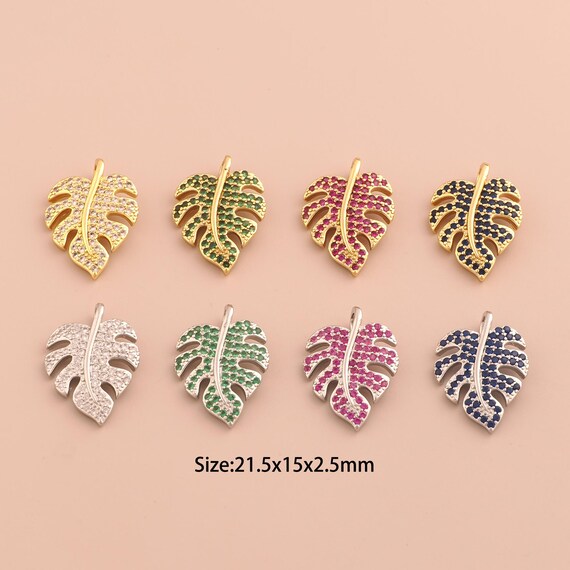 18K Gold Monstera Charms,CZ Pave Monstera Charms Pendants,Monstera Charm for DIY Jewelry Making Supply