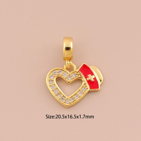 18K Gold Nurse Hat Charms,CZ Pave Heart Charms Pendants,Enamel Nurse Hat Charm for DIY Jewelry Making Supply