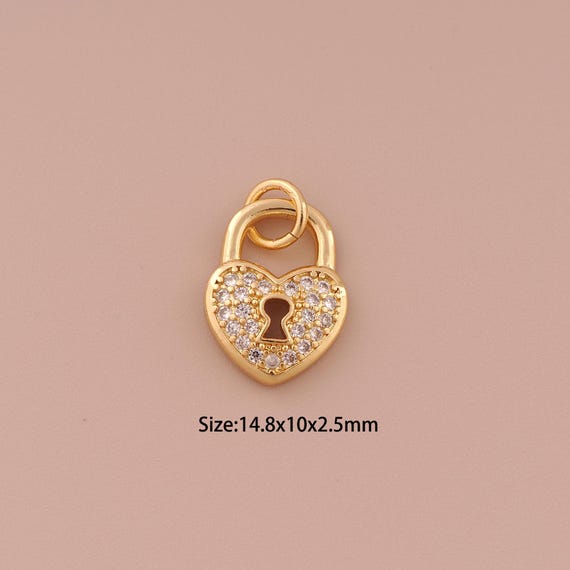 18K Gold Lock Charms,CZ Pave Minimalist Charms Pendants,Heart Charm for DIY Jewelry Making Supply