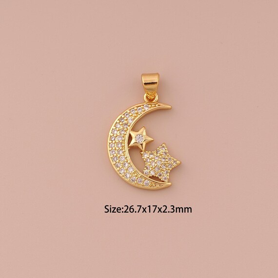 18K Gold Moon Charms,CZ Pave Minimalist Charms Pendants,Star Charm for DIY Jewelry Making Supply