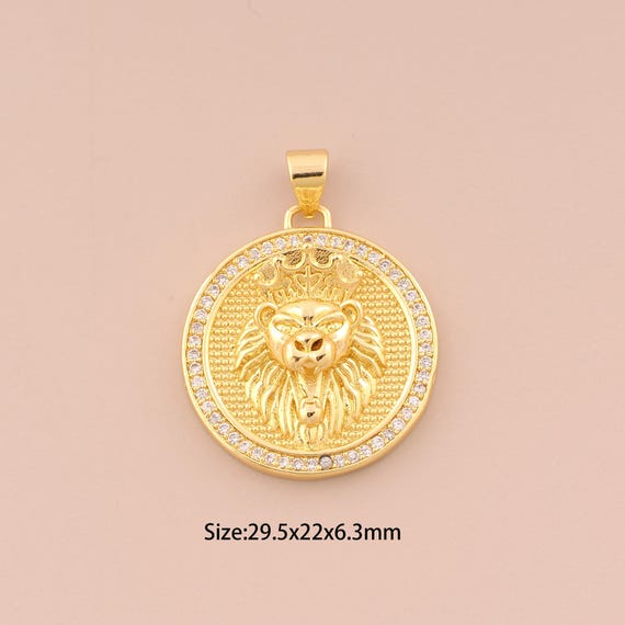 18K Gold Lion Charms,CZ Pave Round Charms Pendants,Lion Charm for DIY Jewelry Making Supply