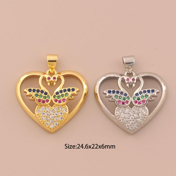18K Gold Swan Charms,CZ Pave Heart Charms Pendants,Swan Charm for DIY Jewelry Making Supply