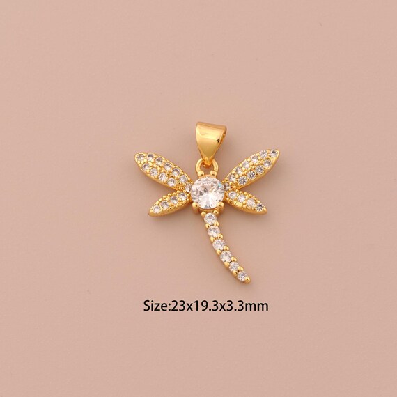 18K Gold Dragonfly Charms,CZ Pave Insect Charms Pendants,Dragonfly Charm for DIY Jewelry Making Supply