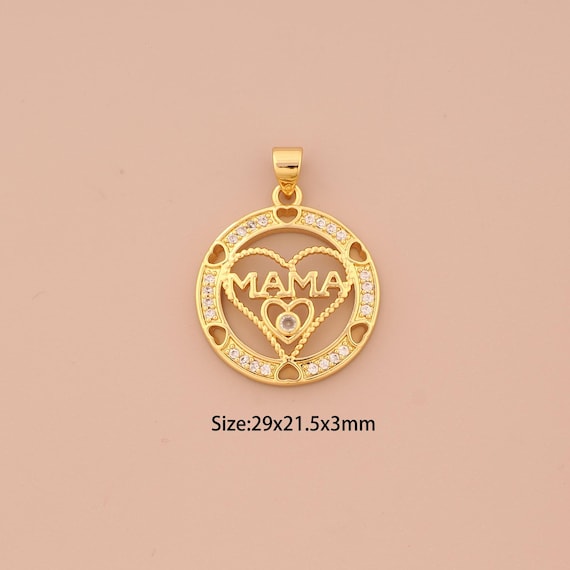 18K Gold Heart Charms,CZ Pave MAMA Charms Pendants,Heart Charm for DIY Jewelry Making Supply