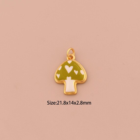 18K Gold Mushroom Charms,Enamel Heart Charms Pendants,Mushroom Charm for DIY Jewelry Making Supply