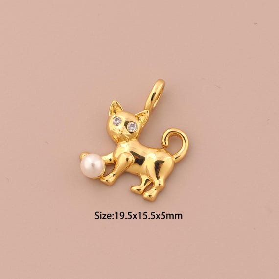 18K Gold Cat Charms,Animal Charms Pendants,Pearl Charm for DIY Jewelry Making Supply