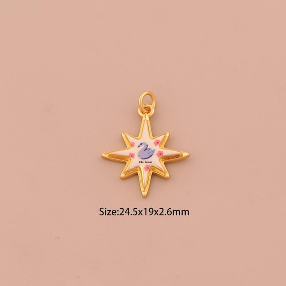 18K Gold Sun Charms,Enamel Swan Charms Pendants,Sunburst Charm for DIY Jewelry Making Supply