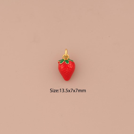 18K Gold Strawberry Charms,Enamel Fruit Charms Pendants,Strawberry Charm for DIY Jewelry Making Supply