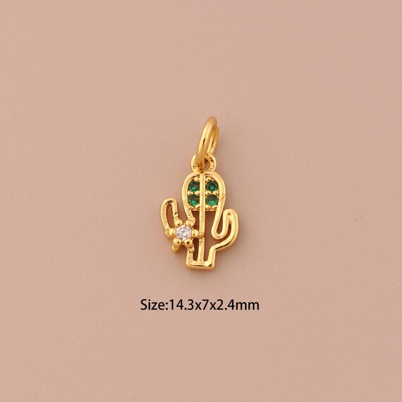 18K Gold Cactus Charms,CZ Pave Plant Charms Pendants,Cactus Charm for DIY Jewelry Making Supply