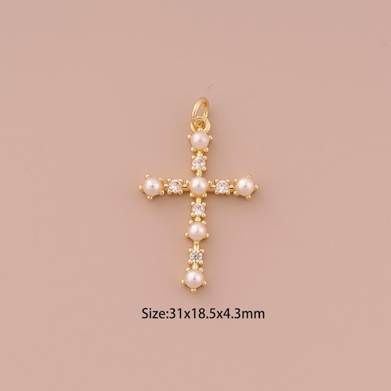 18K Gold Cross Charms,CZ Pave Religious Charms Pendants,Pearl Christian Charm for DIY Jewelry Making Supply