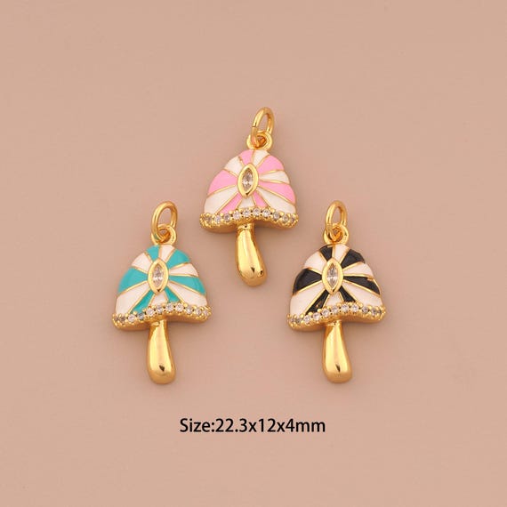 18K Gold Mushroom Charms,CZ Pave Mushroom Charms Pendants,Enamel Mushroom Charm for DIY Jewelry Making Supply