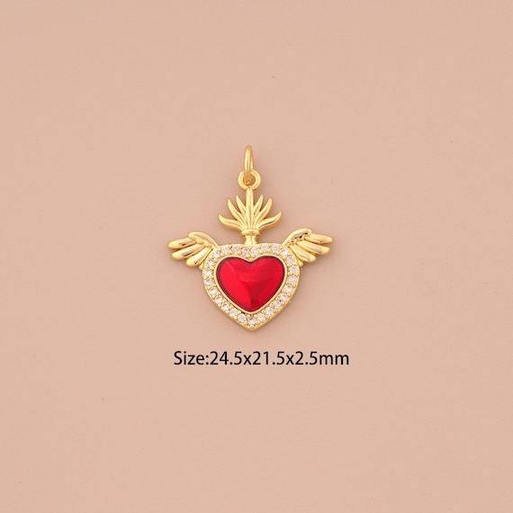 18K Gold Heart Charms,CZ Pave Love Charms Pendants,Enamel Angel Wings Charm for DIY Jewelry Making Supply