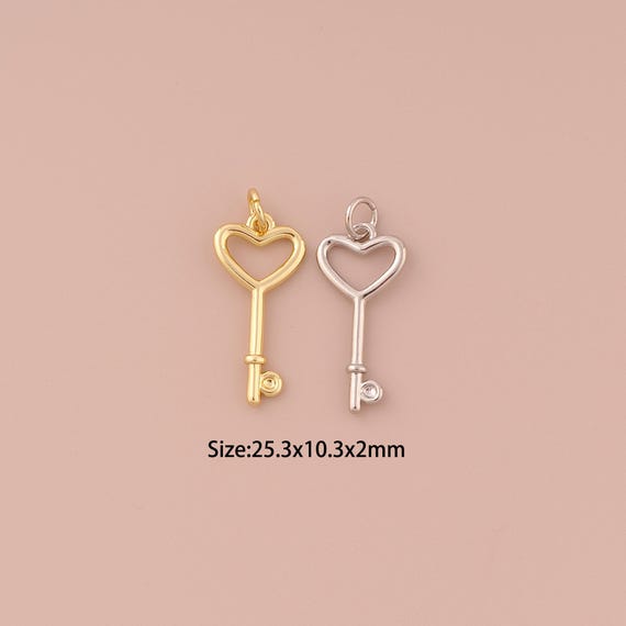 18K Gold Heart Charms,Minimalist Charms Pendants,Key Charm for DIY Jewelry Making Supply