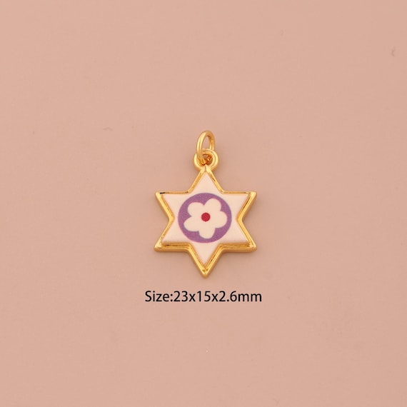 18K Gold David Star Charms,Enamel Jewish Star Charms Pendants,Flower Charm for DIY Jewelry Making Supply