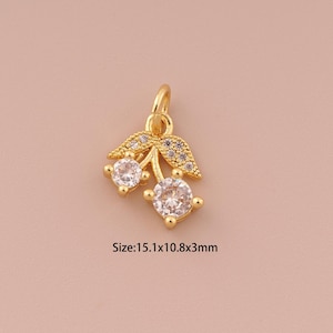 18K Gold Cherry Charms,CZ Pave Minimalist Charms Pendants,Fruit Charm for DIY Jewelry Making Supply