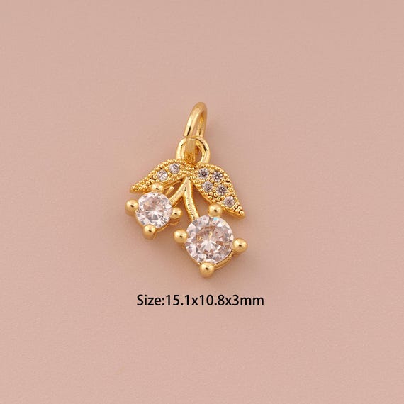 18K Gold Cherry Charms,CZ Pave Minimalist Charms Pendants,Fruit Charm for DIY Jewelry Making Supply