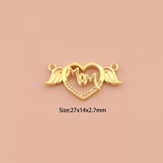 18K Gold MOM Charms,CZ Pave Heart Letter Charms Pendants,Angel Wings Charm for DIY Jewelry Making Supply