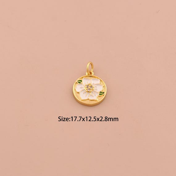 18K Gold Cherry Blossom Charms,Enamel Flower Charms Pendants,CZ Pave Round Charm for DIY Jewelry Making Supply