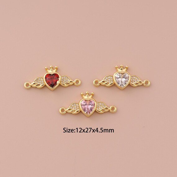 18K Gold Heart Connector,CZ Pave Minimalist Connector Charms,Crown Connector for DIY Jewelry Making Supply