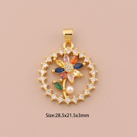 18K Gold Flower Charms,CZ Pave Round Charms Pendants,Plant Charm for DIY Jewelry Making Supply