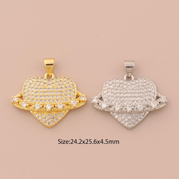 18K Gold Saturn Charms,CZ Pave Heart Charms Pendants,Saturn Charm for DIY Jewelry Making Supply