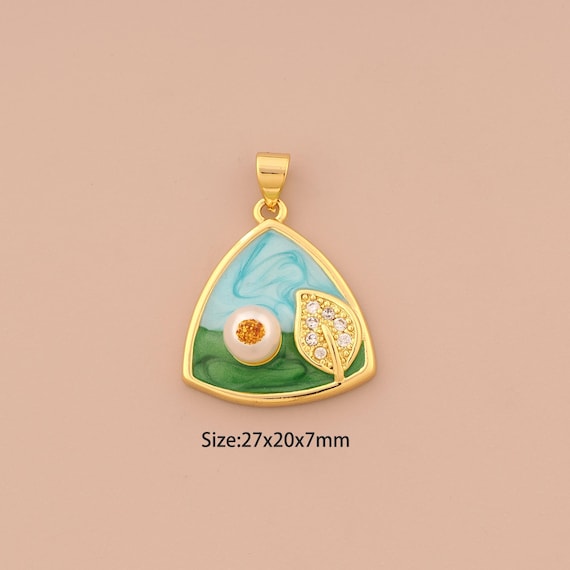 18K Gold Leaf Charms,CZ Pave Landscape Charms Pendants,Enamel Triangle Charm for DIY Jewelry Making Supply