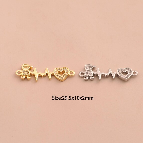 18K Gold Boy Connector,CZ Pave Heartbeat Connector Charms,Heart Connector for DIY Jewelry Making Supply