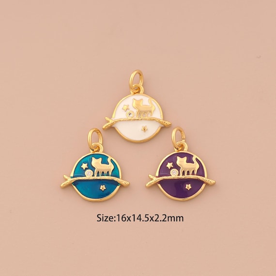 18K Gold Cute Cat Charms,Enamel Animal Charms Pendants,Star Charm for DIY Jewelry Making Supply
